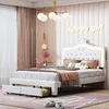 A bedroom scene featuring a white upholstered bed with LED lighting and storage drawers. Produktbild-Vorschau