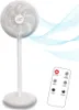 A white oscillating stand fan with a remote control, against a white background with abstract blue lines representing airflow. Podgląd zdjęcia produktu
