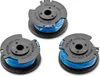 Three spools of blue trimmer line with black bases and grey tops, arranged in a triangular formation on a white background. Produktbild-Vorschau