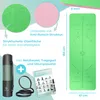 A product image showcasing a green yoga mat with its accessories and features highlighted with text and graphics. Produktbild-Vorschau