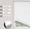 A white roller blind is shown partially unrolled, revealing a silver roller mechanism. Icons and text describing product features are displayed on the left side of the image. Produktbild-Vorschau