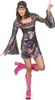 A woman wearing a 70s-style disco outfit and pink boots, posing against a white background. Produktbild-Vorschau