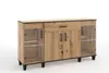 A sideboard with glass doors and wooden drawers and doors, set against a white background. Produktbild-Vorschau