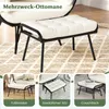 A collage of images showing a white tufted ottoman with a black frame, presented in different contexts and labeled with its various uses. Anteprima dell’immagine prodotto