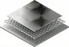 Three layers of metal sheets, one solid, one perforated, and another solid with a brushed finish, are shown in an isometric view against a white background. Voir les images du produit