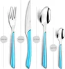 A set of cutlery with blue handles, including a fork, knife, and two spoons of different sizes, displayed on a white background with size indicators. Anteprima dell’immagine prodotto