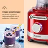 A split image showing a red blender on the right and two glasses of blueberry smoothie with blueberries on the left, with text describing the blender's features. Produktbild-Vorschau