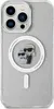 A clear, professional shot of a phone case with a glittery finish and a MagSafe attachment featuring Karl Lagerfeld and his cat Choupette. Anteprima dell’immagine prodotto