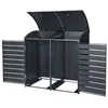 A dark gray outdoor storage box for trash cans, with its lid open and side doors ajar, set against a white background. Produktbild-Vorschau