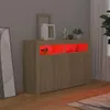 A wooden sideboard with red LED lighting in a room. Voir les images du produit