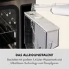 A close-up view of a steam oven's water tank being filled, with text describing its features. Produktbild-Vorschau