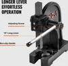 A close-up view of a black arbor press with labels pointing out its features. Náhled obrázku produktu