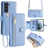 A collage of images showing a light blue phone case with a wallet and strap. Produktbild-Vorschau