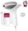 A Philips Lumea Prestige IPL hair removal device is shown with its accessories and a smartphone displaying the companion app. Náhled obrázku produktu