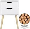 A white bedside table with two drawers and wooden legs, next to a circular image of stacked wood logs with German text overlay. Produktbild-Vorschau