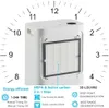 A white dehumidifier with its back panel removed to show the HEPA filter, surrounded by a clock face graphic and feature callouts. Produktbild-Vorschau