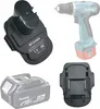 A collage of a power tool adapter, a power drill, and a battery pack. Voir les images du produit