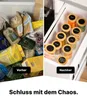 Vorher-Nachher-Vergleich einer unordentlichen Schublade mit Lebensmittelverpackungen versus einer organisierten Schublade mit beschrifteten Gewürzgläsern Voir les images du produit