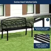 A black metal garden bench is shown on a lawn in front of a house. Inset images highlight the materials and construction of the bench. Produktbild-Vorschau