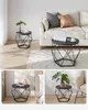 Collage of lifestyle images showing a set of two black geometric side tables with dark wood-look tops. Náhled obrázku produktu