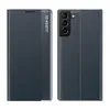 Front and back view of a dark blue smartphone case with a transparent window on the front. Produktbild-Vorschau