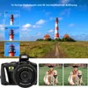 A collage of images showcasing a digital camera and its features, including zoom capabilities and sample photos. Produktbild-Vorschau