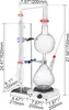 A laboratory distillation setup with various glass components and a heating plate, all labeled with dimensions. Produktbild-Vorschau