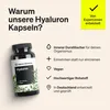 A product shot of a bottle of hyaluron capsules with accompanying marketing text and icons. Náhled obrázku produktu