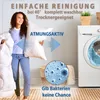 A woman is holding a pillow and a duvet next to a washing machine, with graphics indicating cleaning and bacteria. Produktbild-Vorschau