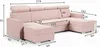 A pink U-shaped sofa with dimensions indicated by measurement lines and numbers. Podgląd zdjęcia produktu