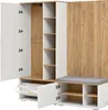 A white and wood-colored entryway storage unit with open doors and shelves. Produktbild-Vorschau