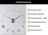 A wall clock with numbers and hands is shown on a light gray background, with a list of product features on the right side. Produktbild-Vorschau