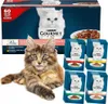 A cat is lying in front of a box of cat food sachets, with several sachets displayed to the right. Anteprima dell’immagine prodotto