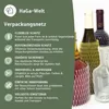 Several bottles of wine are shown, each protected by a different colored mesh net. The left side of the image contains marketing text and a logo. Produktbild-Vorschau