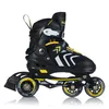 A pair of black and yellow inline skates with multiple wheels, shown from the side against a white background. Voir les images du produit
