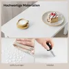 A collage of images showing a white table with a cup of coffee and a slice of cake, a hand wiping water droplets off the table, and a hand scratching the table with a key. Produktbild-Vorschau