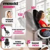 A woman sitting in an office chair, with text overlays highlighting features of the chair. Náhled obrázku produktu