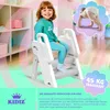 A young girl is sitting on a white step stool, with an inset image of a baby crawling. The background is a soft-focus interior. Produktbild-Vorschau