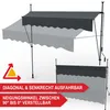 Two awnings are shown, one partially retracted and one fully extended, with text overlays describing features. Produktbild-Vorschau