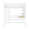A white metal loft bed with a desk and shelves, shown against a white background. Produktbild-Vorschau