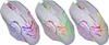 Three white computer mice with colorful LED lighting are displayed side-by-side against a white background. Produktbild-Vorschau