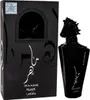 A black perfume bottle with a horse head cap and its matching black box packaging. Voir les images du produit