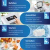 Collage of four images illustrating the steps to use an ice maker, from filling it to enjoying drinks made with the ice. Produktbild-Vorschau