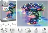 A product shot of a string of colorful LED lights, with packaging on the left and icons detailing features at the bottom. Produktbild-Vorschau