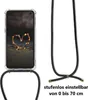 A clear phone case with a black lanyard attached, displayed against a white background. Text indicating adjustability is present. Produktbild-Vorschau