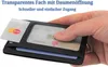 A hand holding a black leather cardholder with credit cards inside, showcasing a transparent window. Produktbild-Vorschau