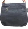 The back of a blue handbag with a zipper pocket and brown strap. Produktbild-Vorschau