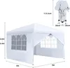 A white pop-up gazebo with side panels and windows, shown with dimensions indicated by measurement lines and numbers. Voir les images du produit