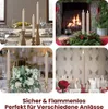 A collage of four images showing LED candles in different settings: on a dining table, by a fireplace, on a wedding table, and on a decorated table with a rose. Produktbild-Vorschau