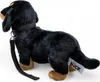 A plush dachshund toy with a collar and leash, shown from the side against a white background. Podgląd zdjęcia produktu